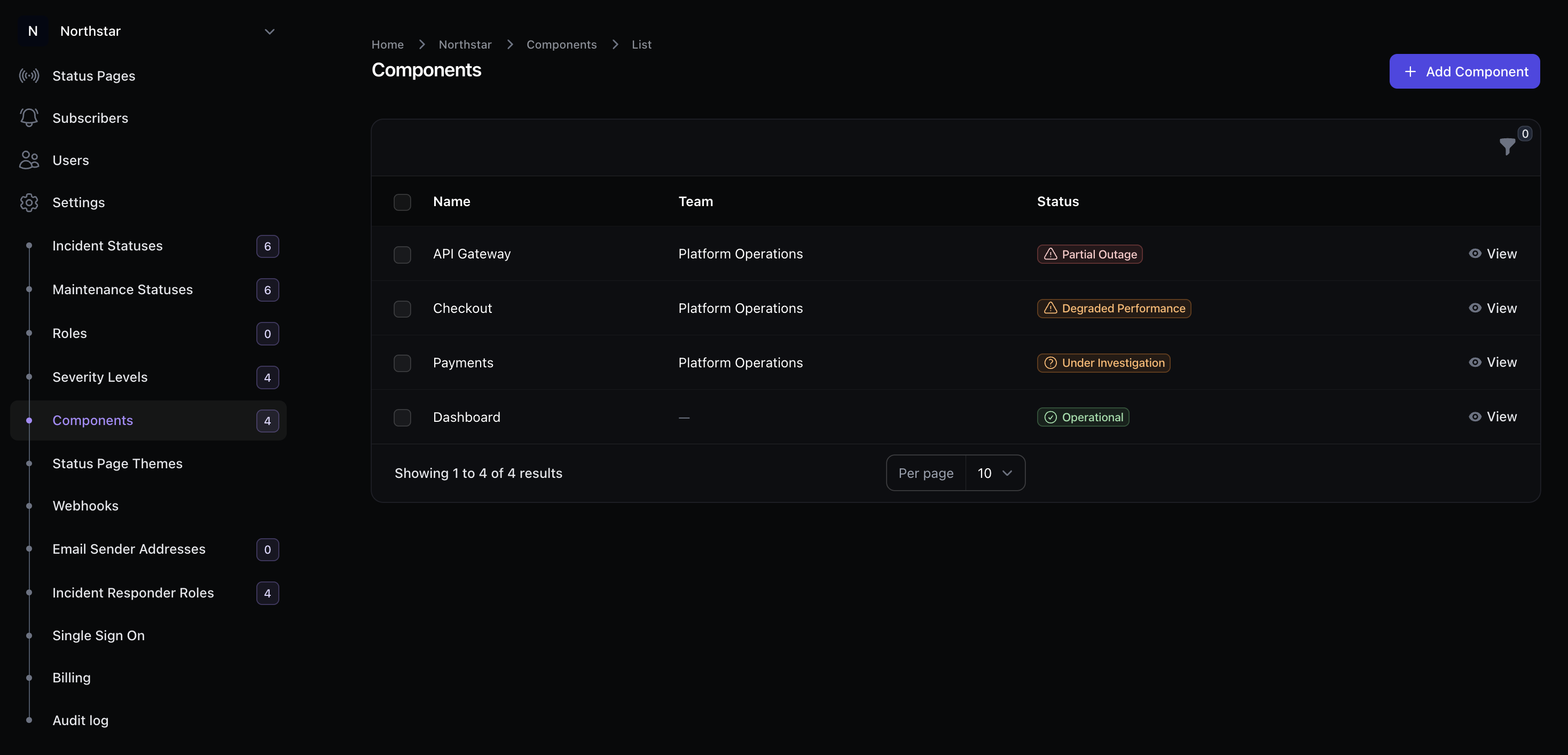 Incido components list with health status badges