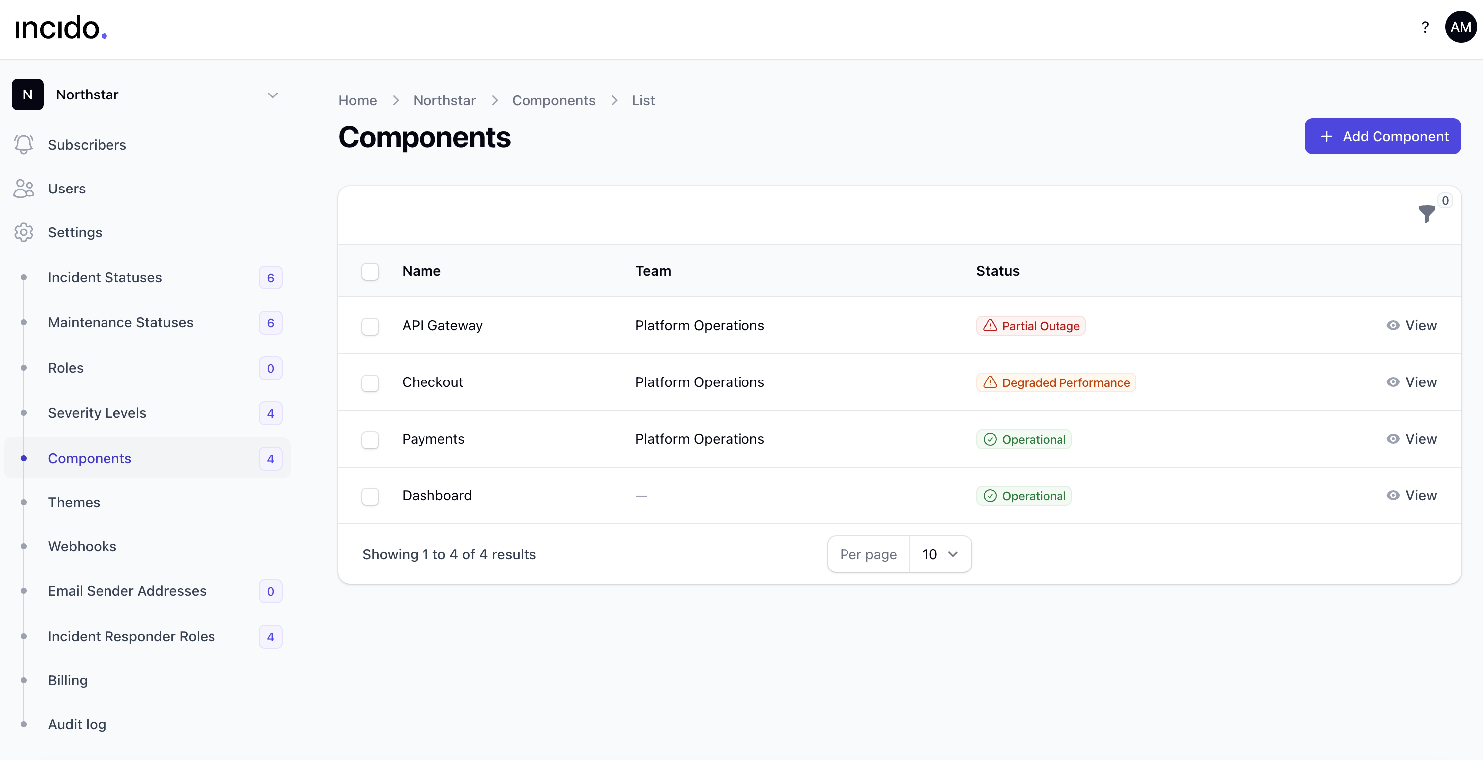 Incido components list with health status badges
