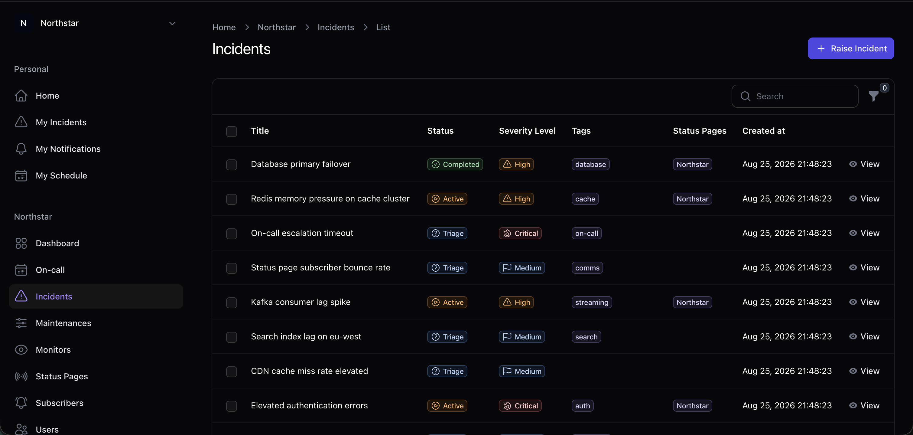 Incido incidents list with status, severity, and tags