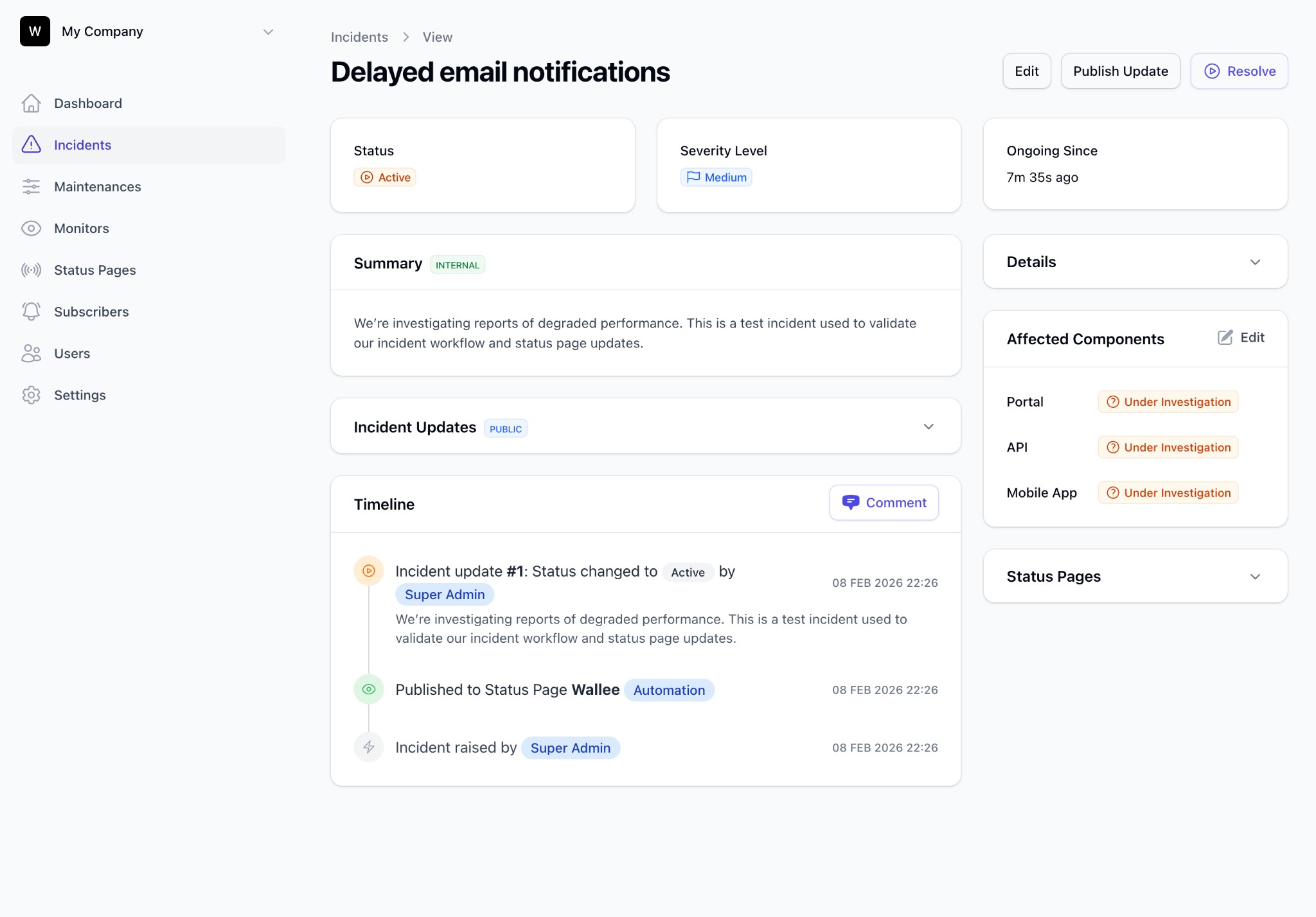 Incido incident statuses screenshot showing workflow stages
