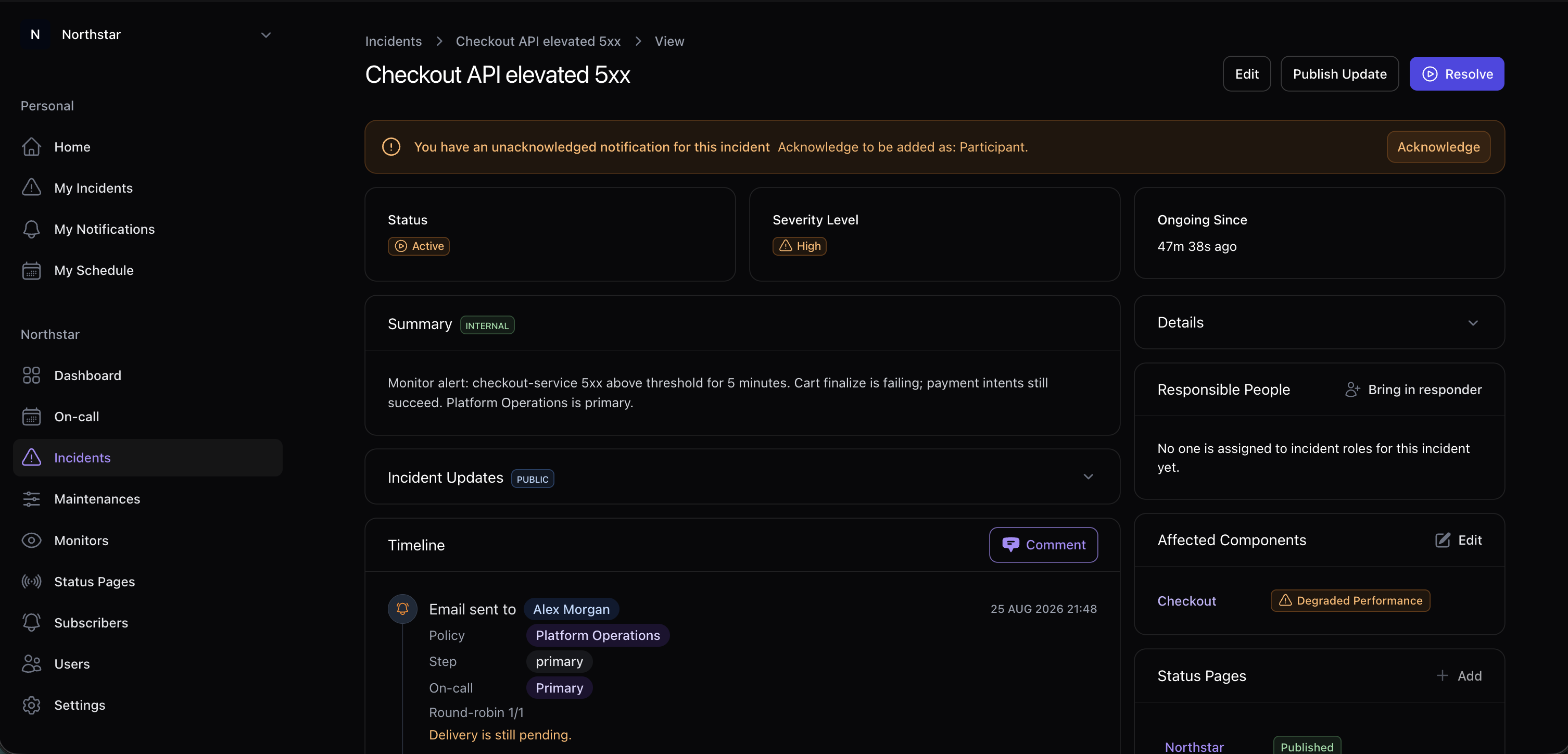 Incido incident created for Checkout API elevated 5xx