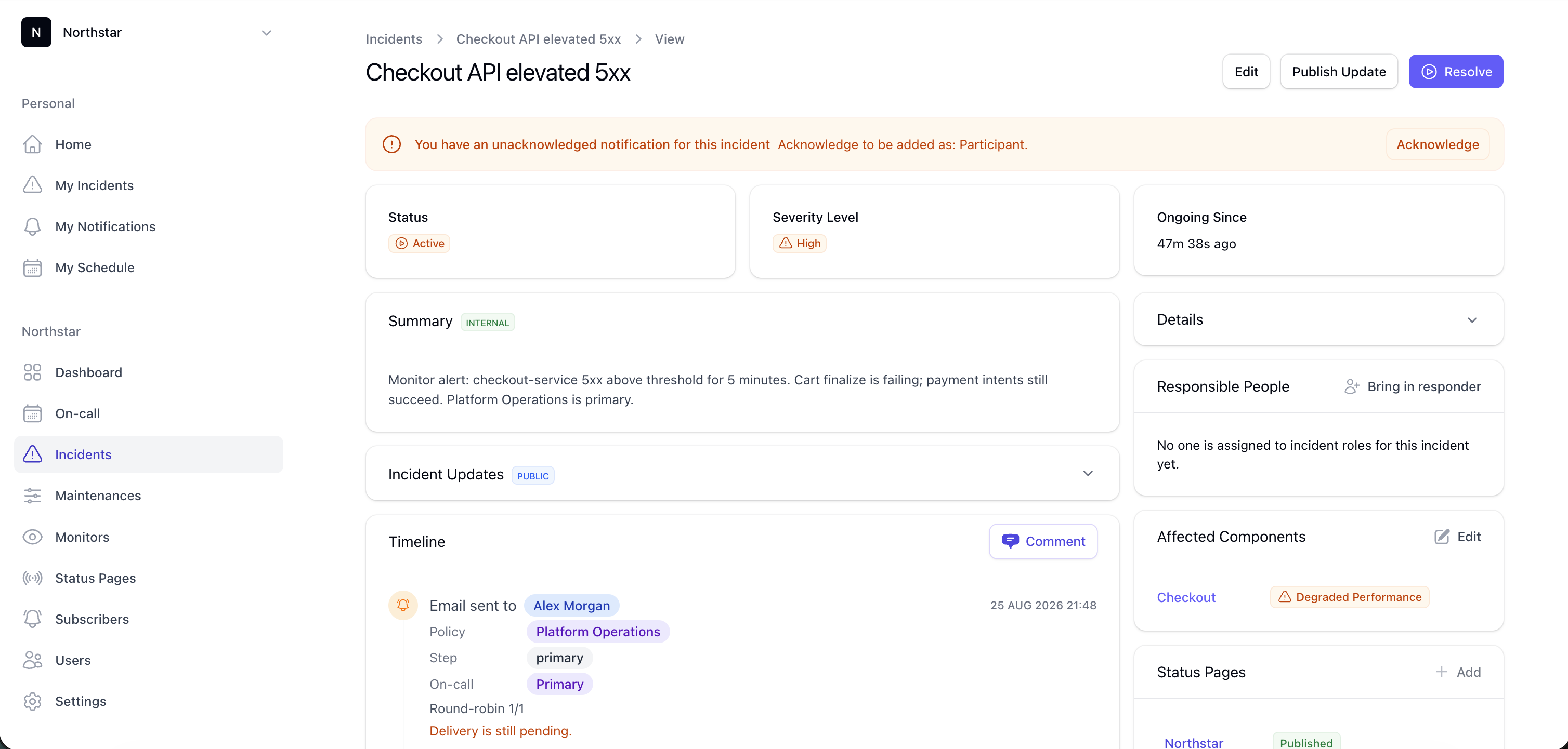 Incido incident created for Checkout API elevated 5xx