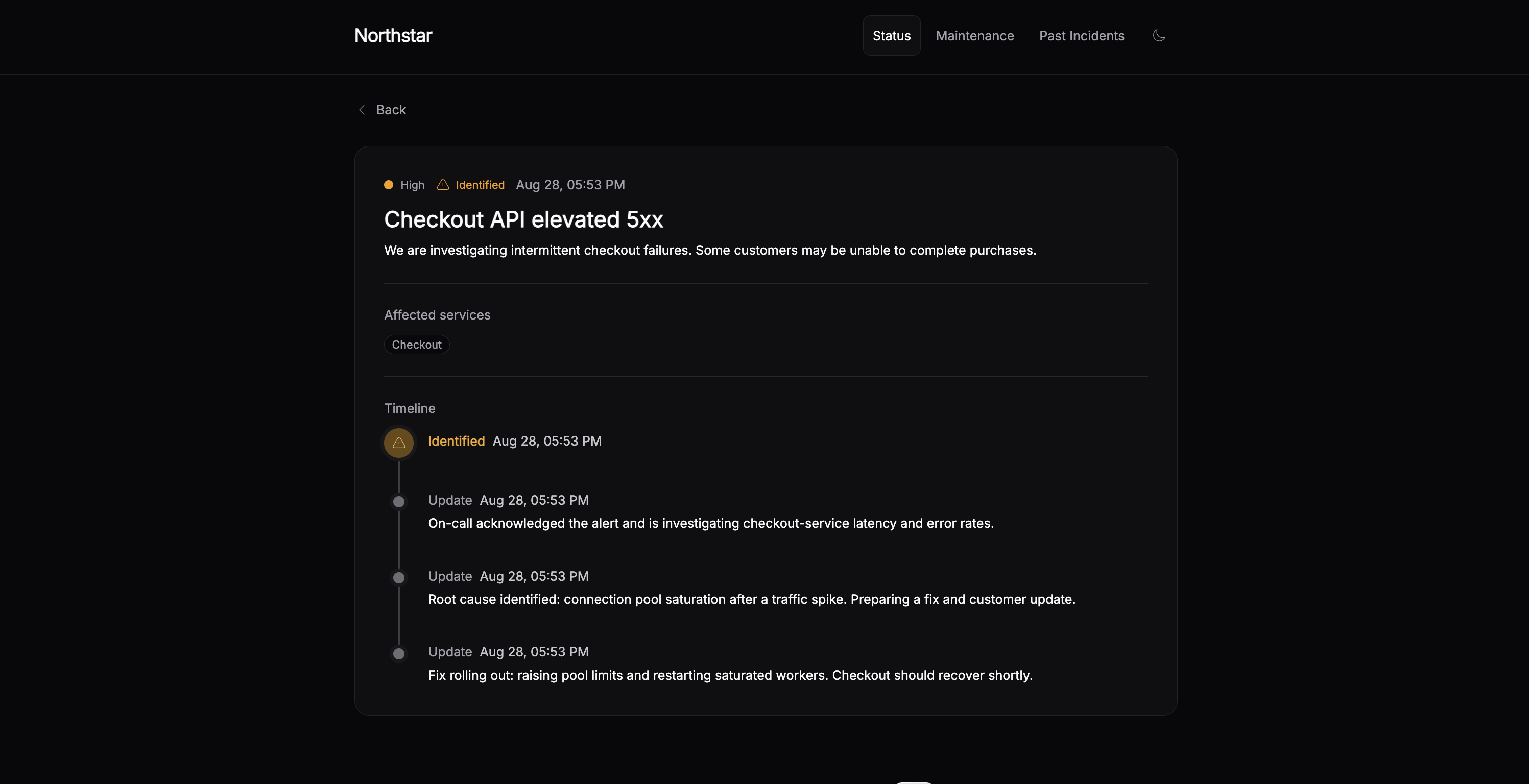 Incido status page incident detail with customer updates