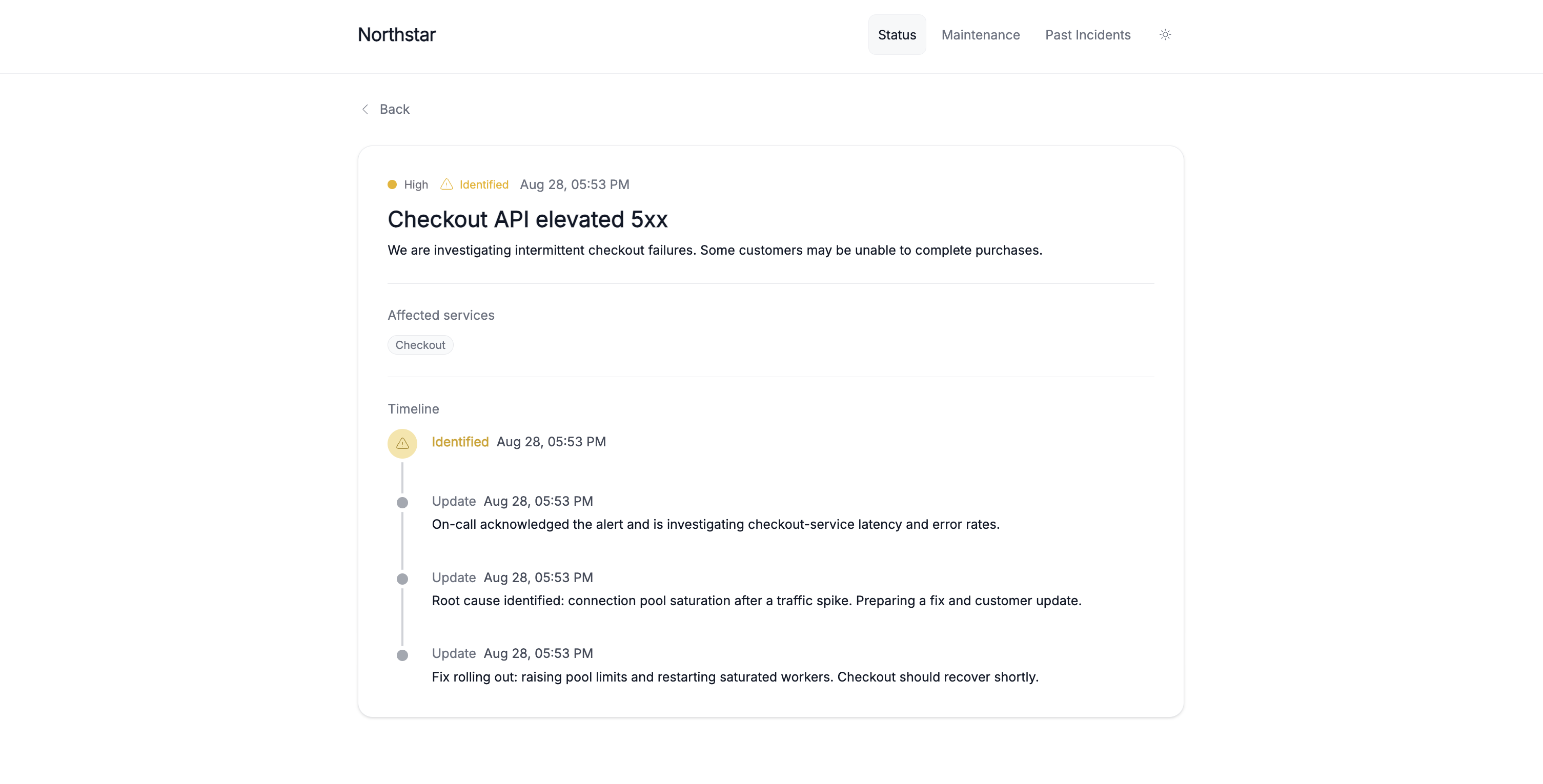 Incido status page incident detail with customer updates
