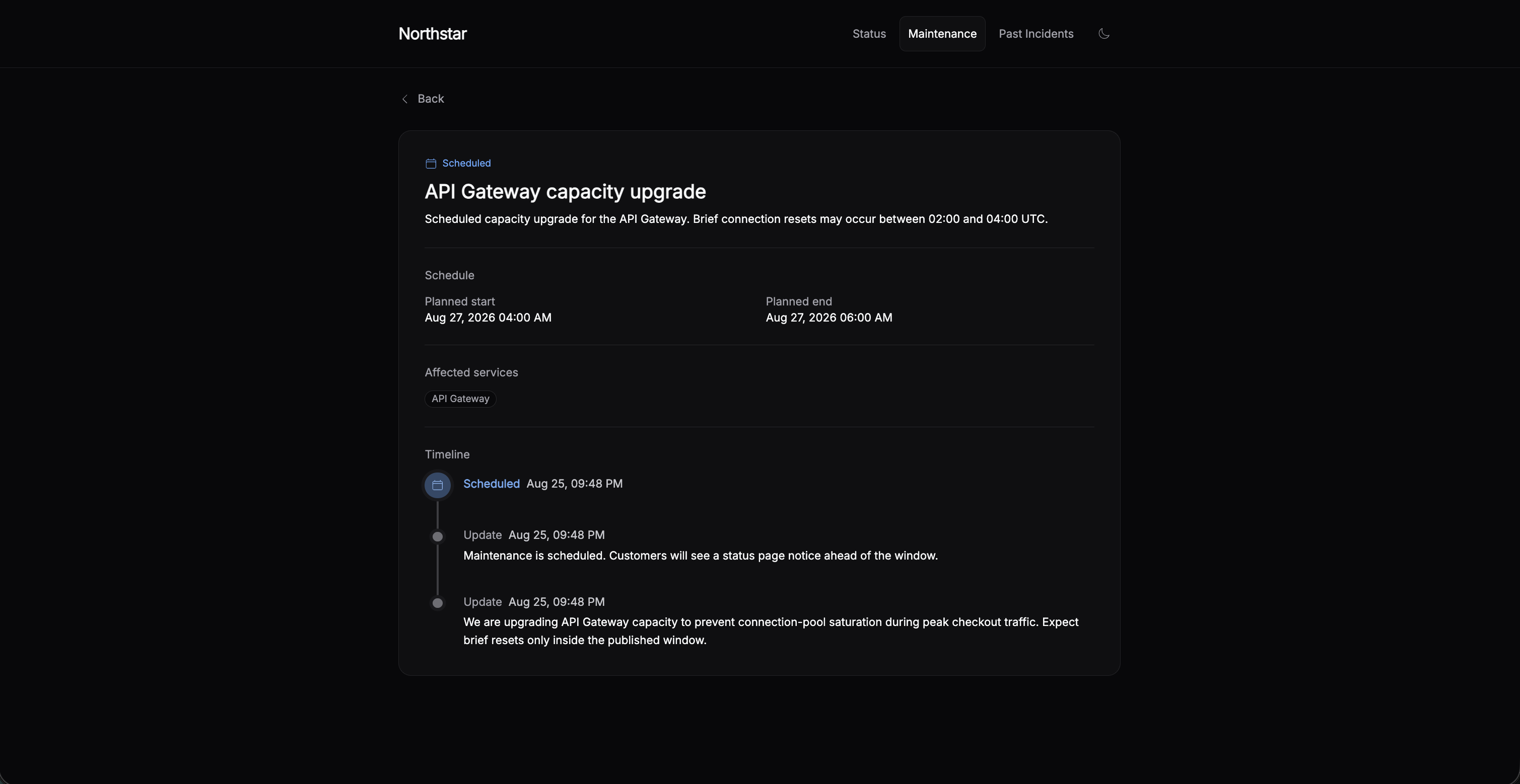 Incido maintenance detail for API Gateway capacity upgrade