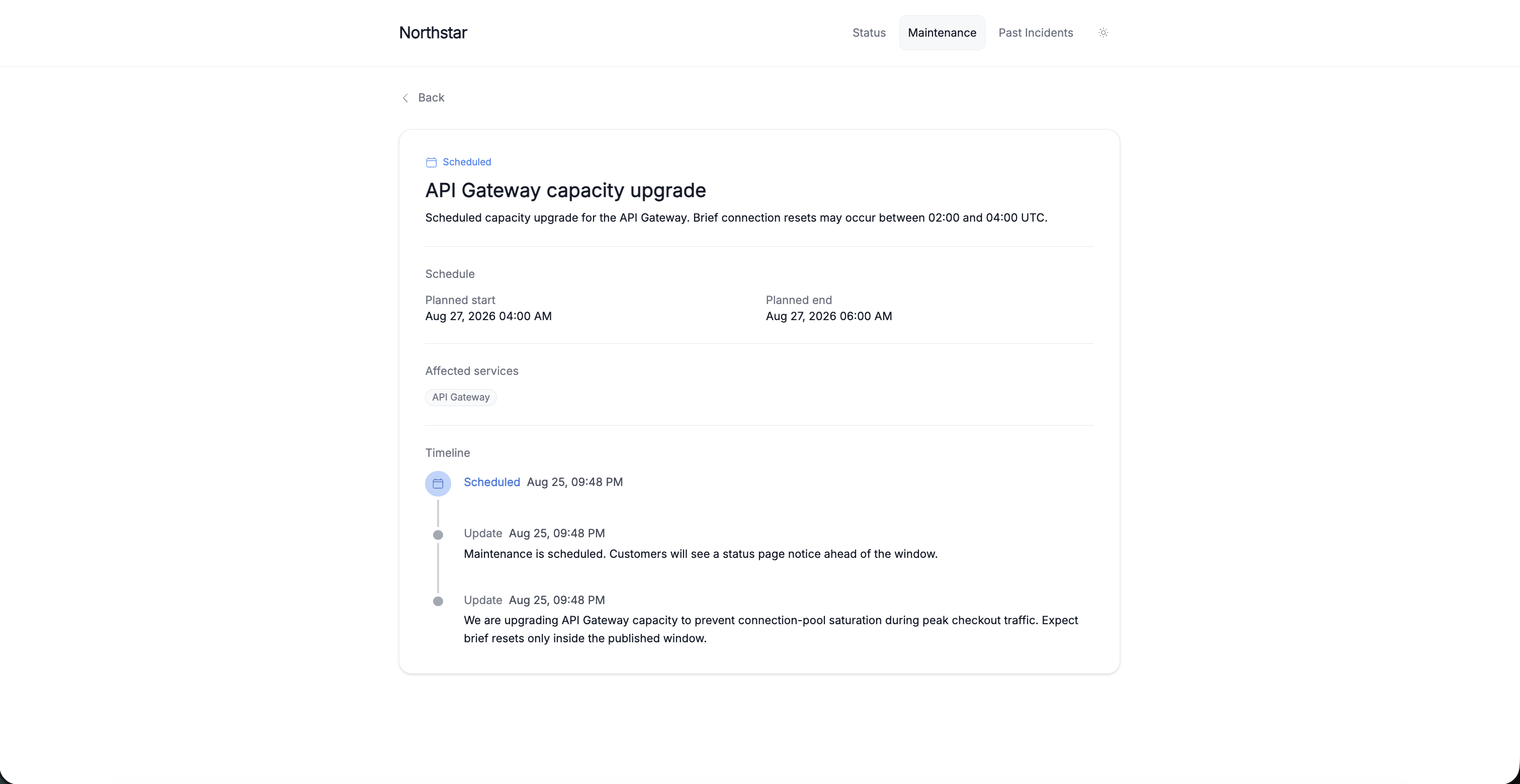 Incido maintenance detail for API Gateway capacity upgrade