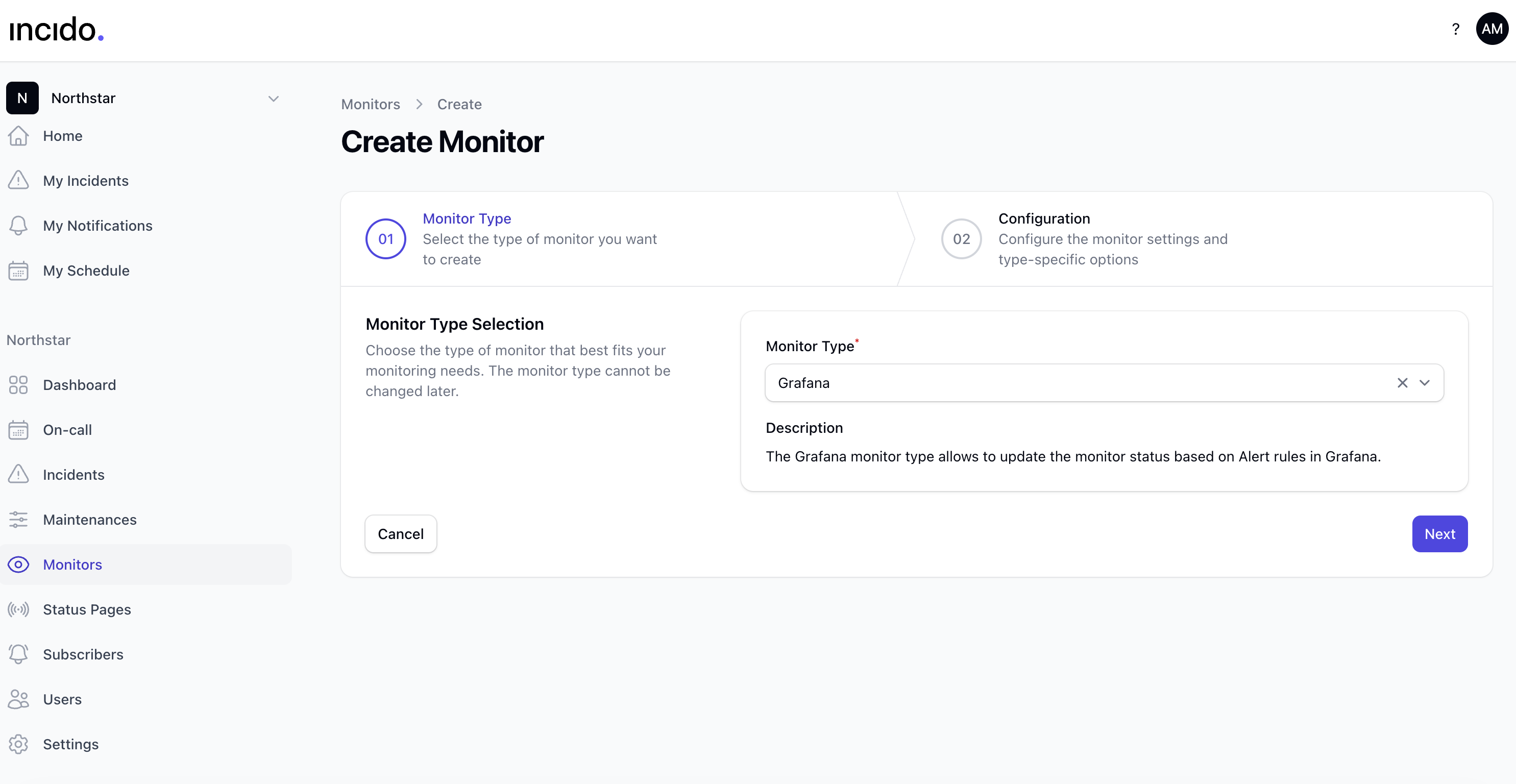 Incido create monitor screen with Grafana selected as the monitor type