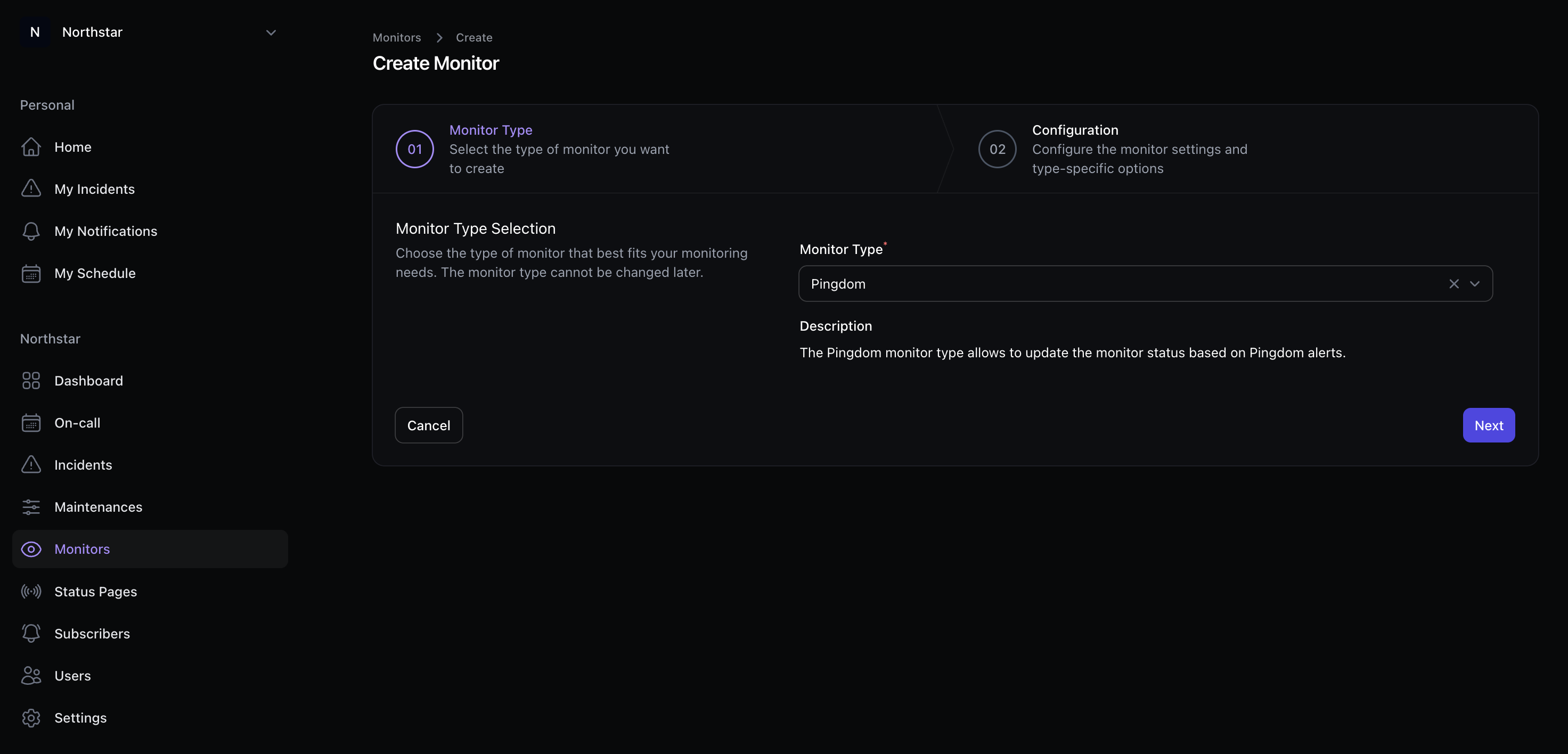 Incido create monitor screen with Pingdom selected as the monitor type