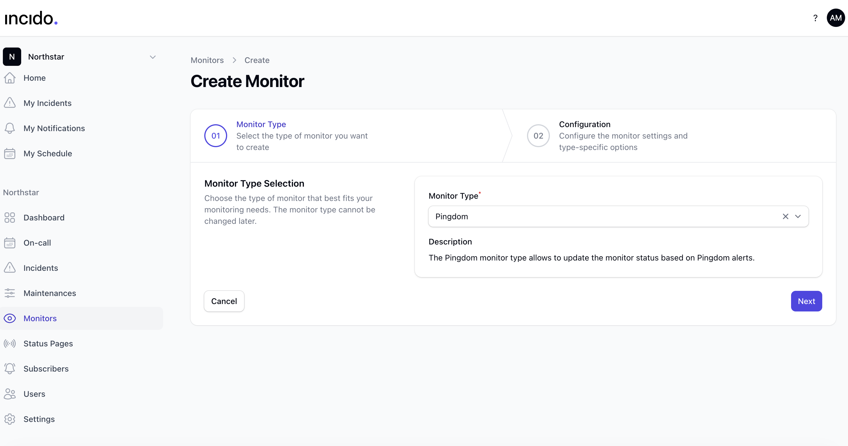 Incido create monitor screen with Pingdom selected as the monitor type