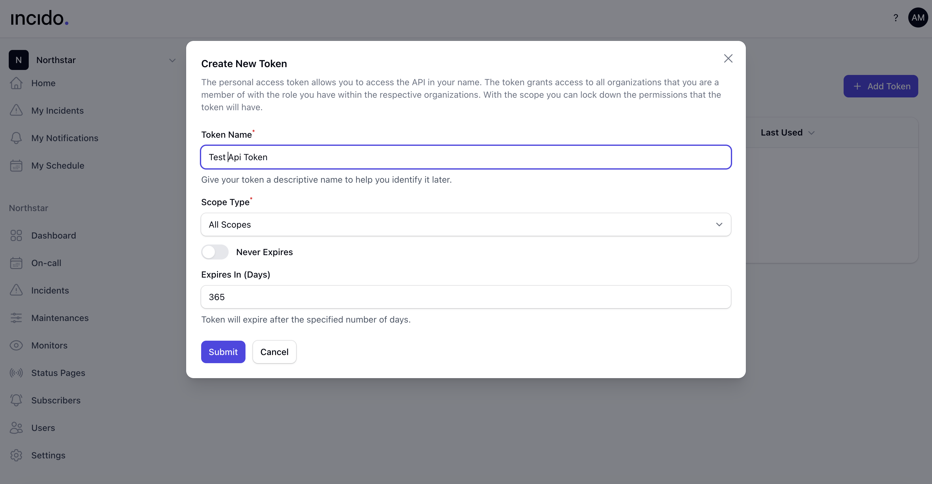 Incido personal access token dialog for REST API authentication