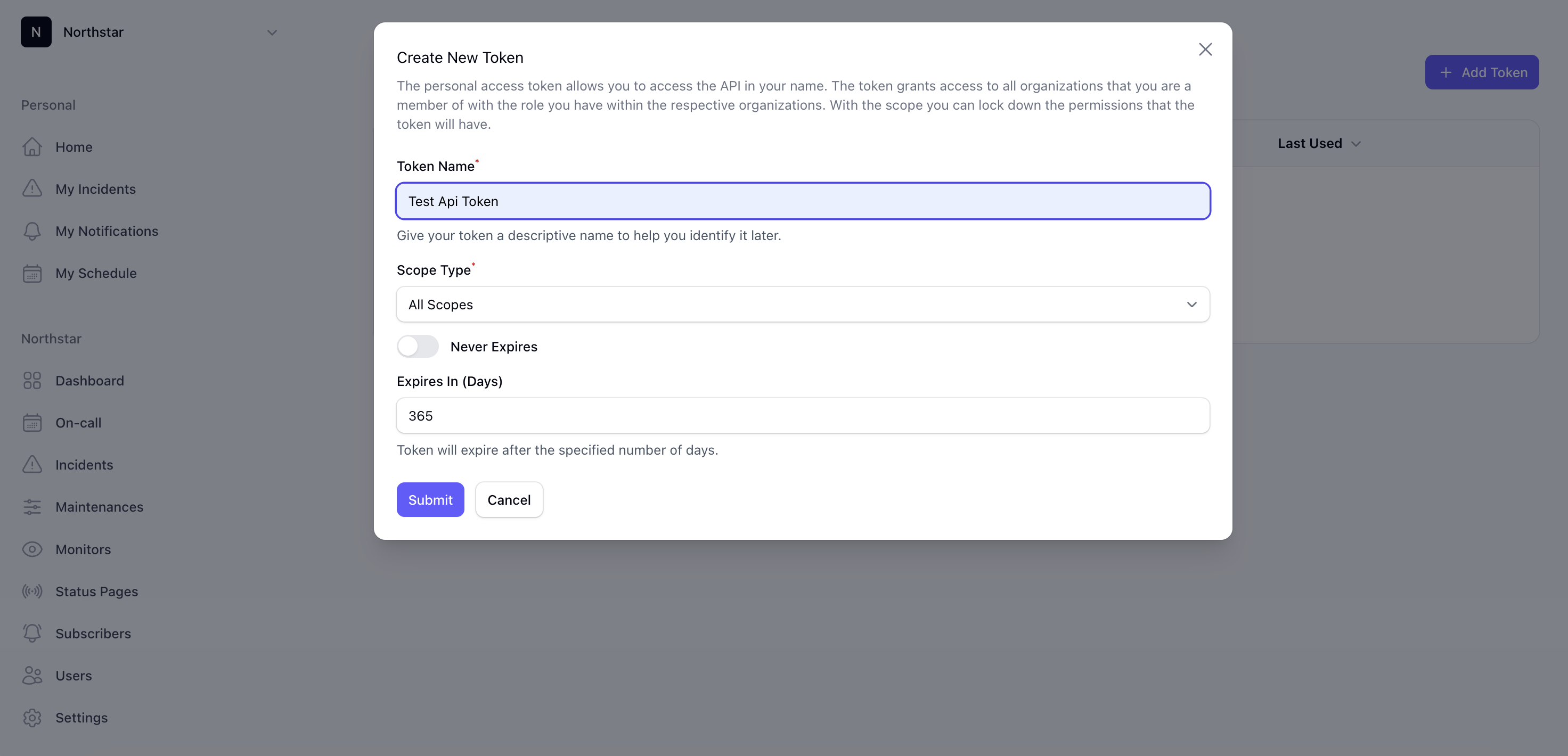 Incido personal access token dialog for REST API authentication