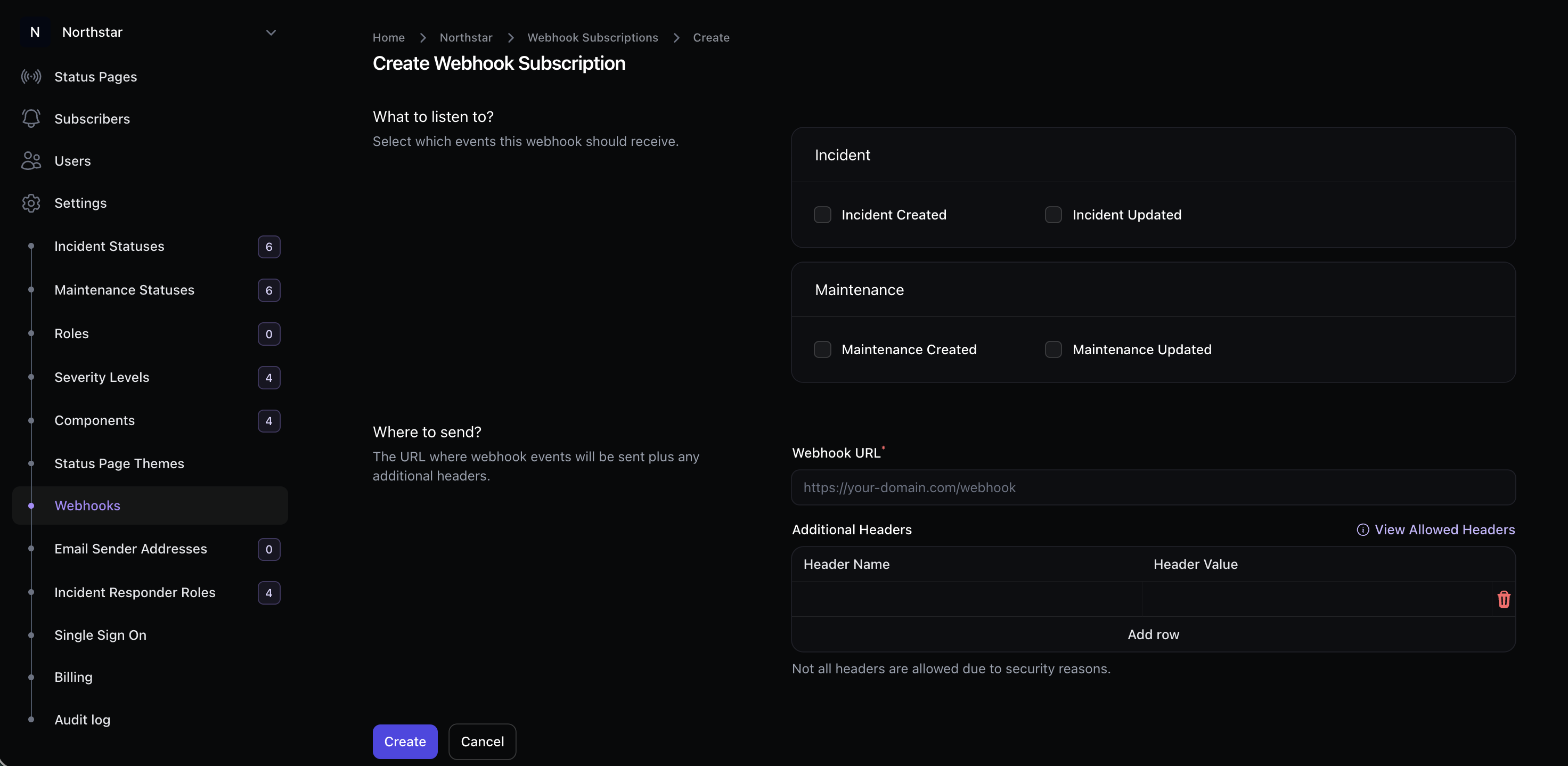 Incido create webhook subscription form for incident and maintenance events