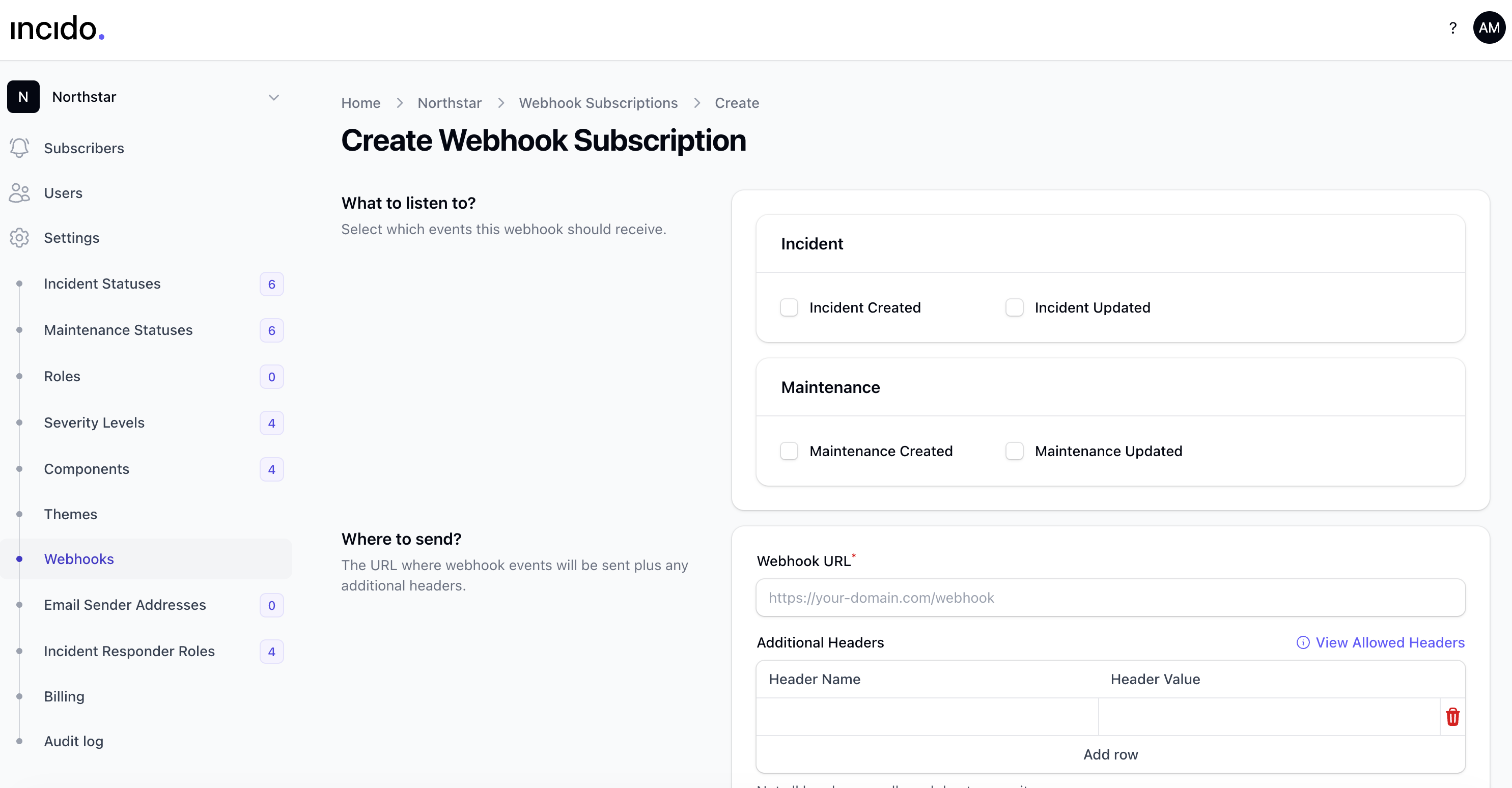 Incido create webhook subscription form for incident and maintenance events