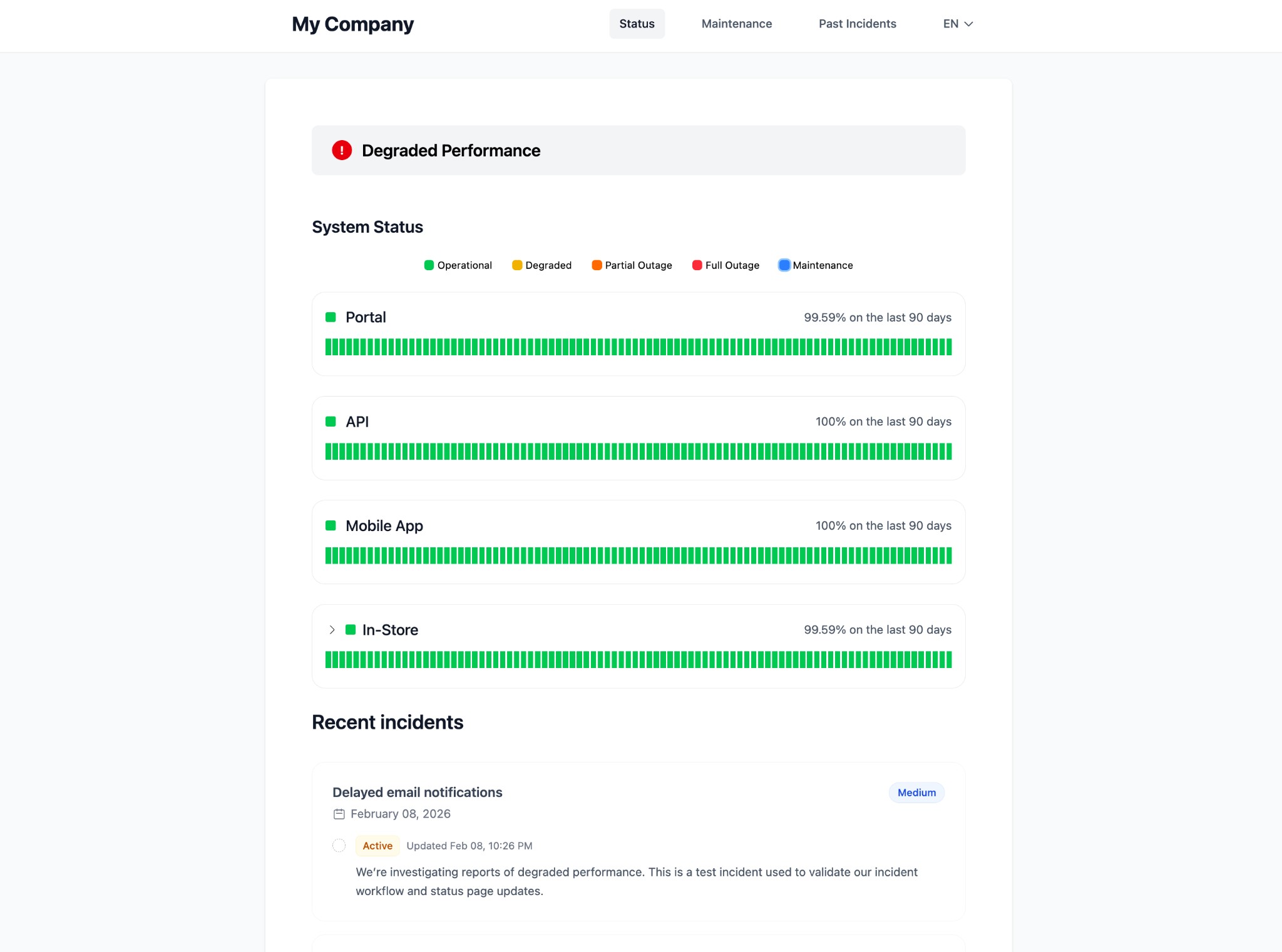 Public status page screenshot showing system status over time and recent incidents