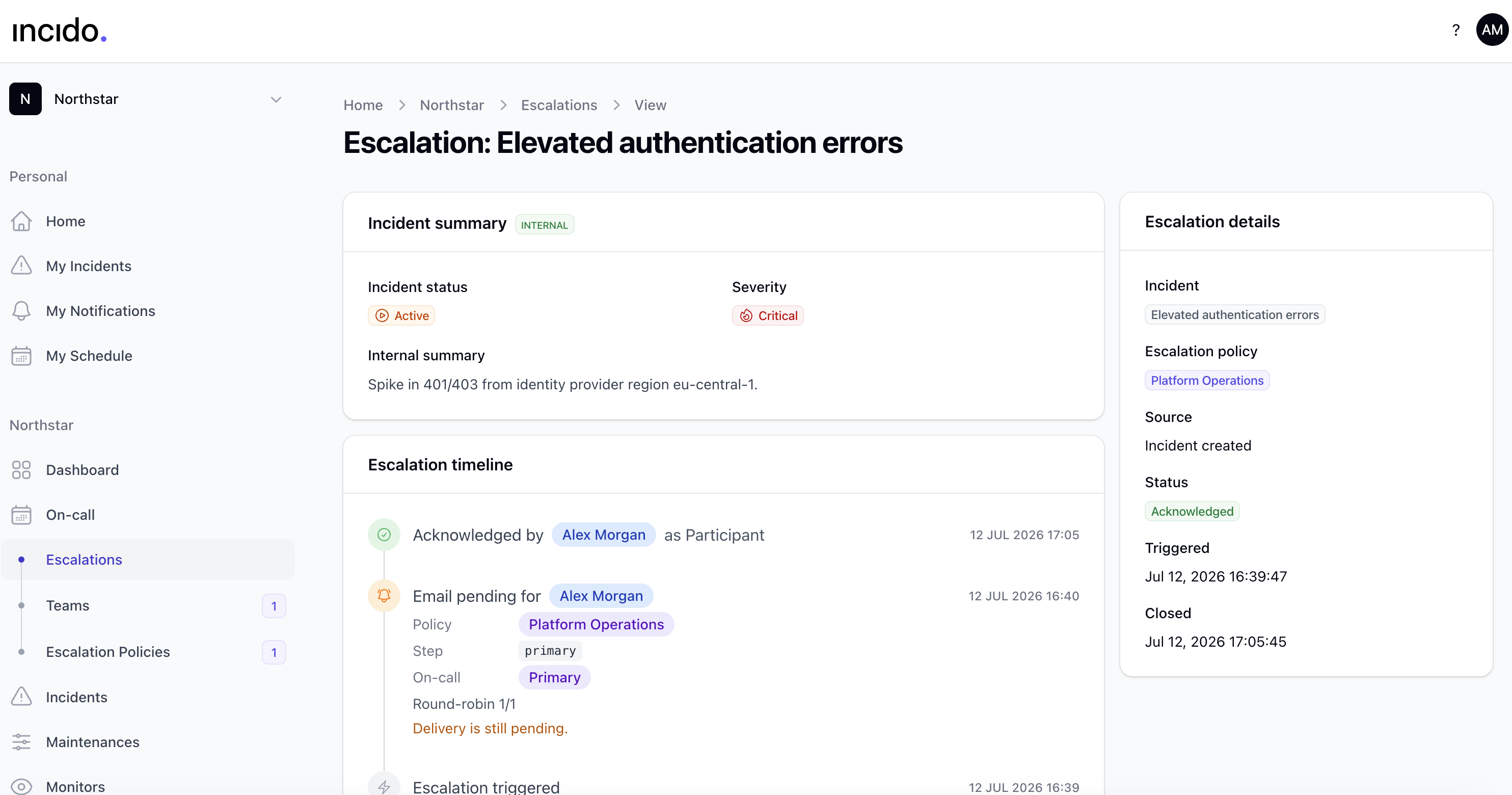 Incido escalation run with notification timeline