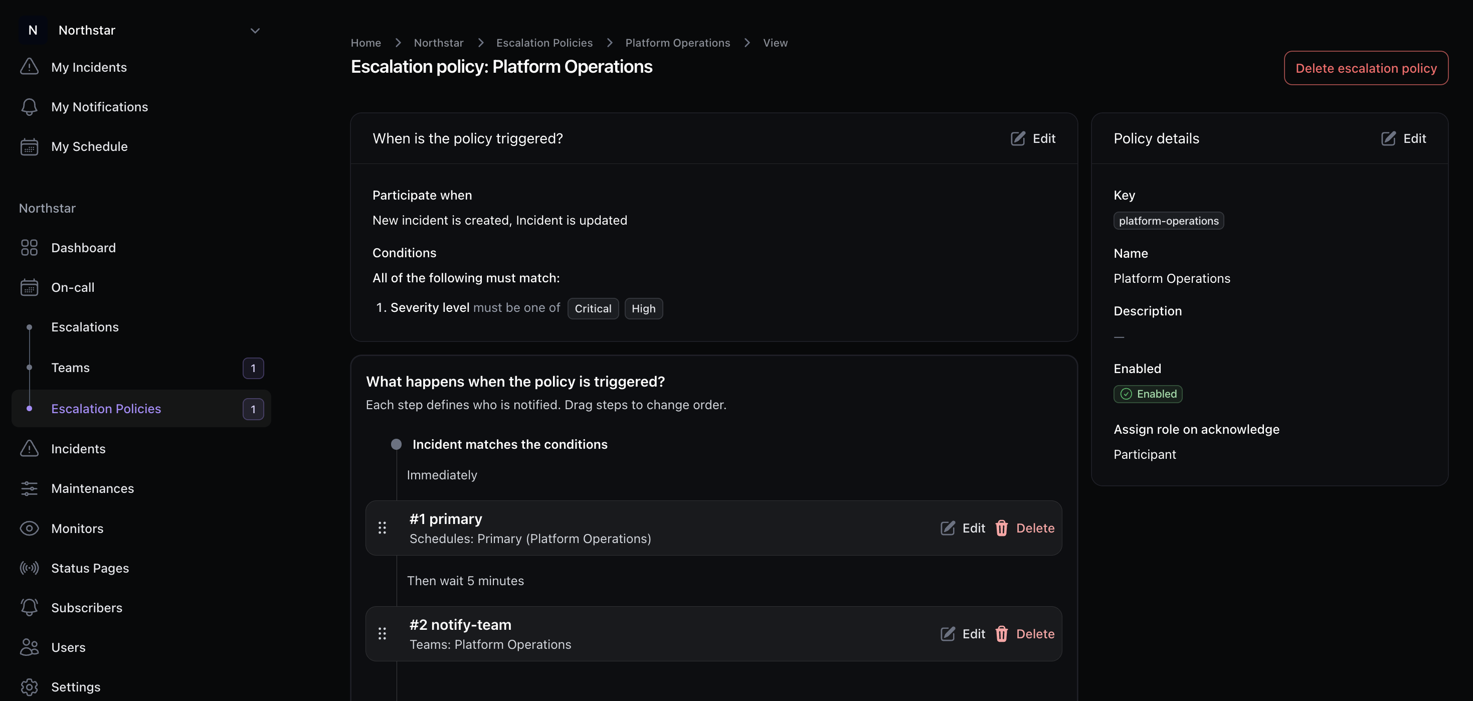 Incido escalation policy with ordered notification steps