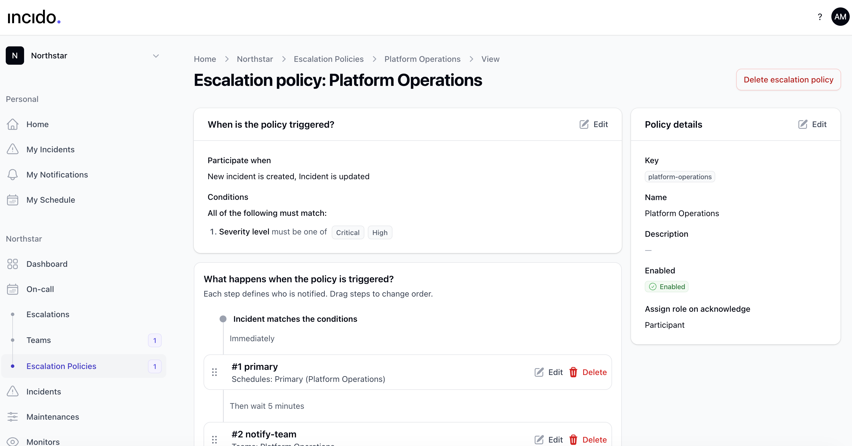 Incido escalation policy with ordered notification steps