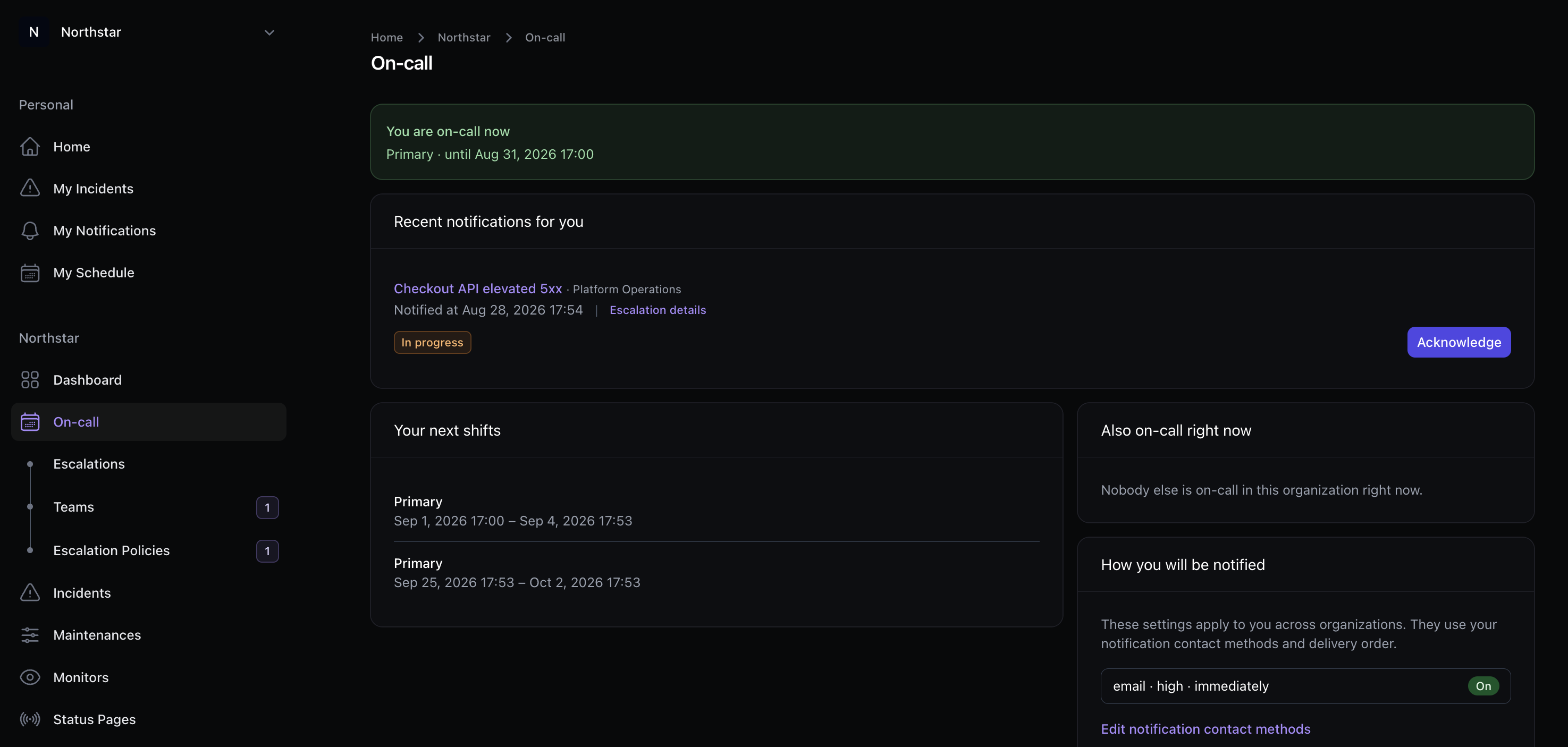 Incido on-call overview with schedules and recent notifications