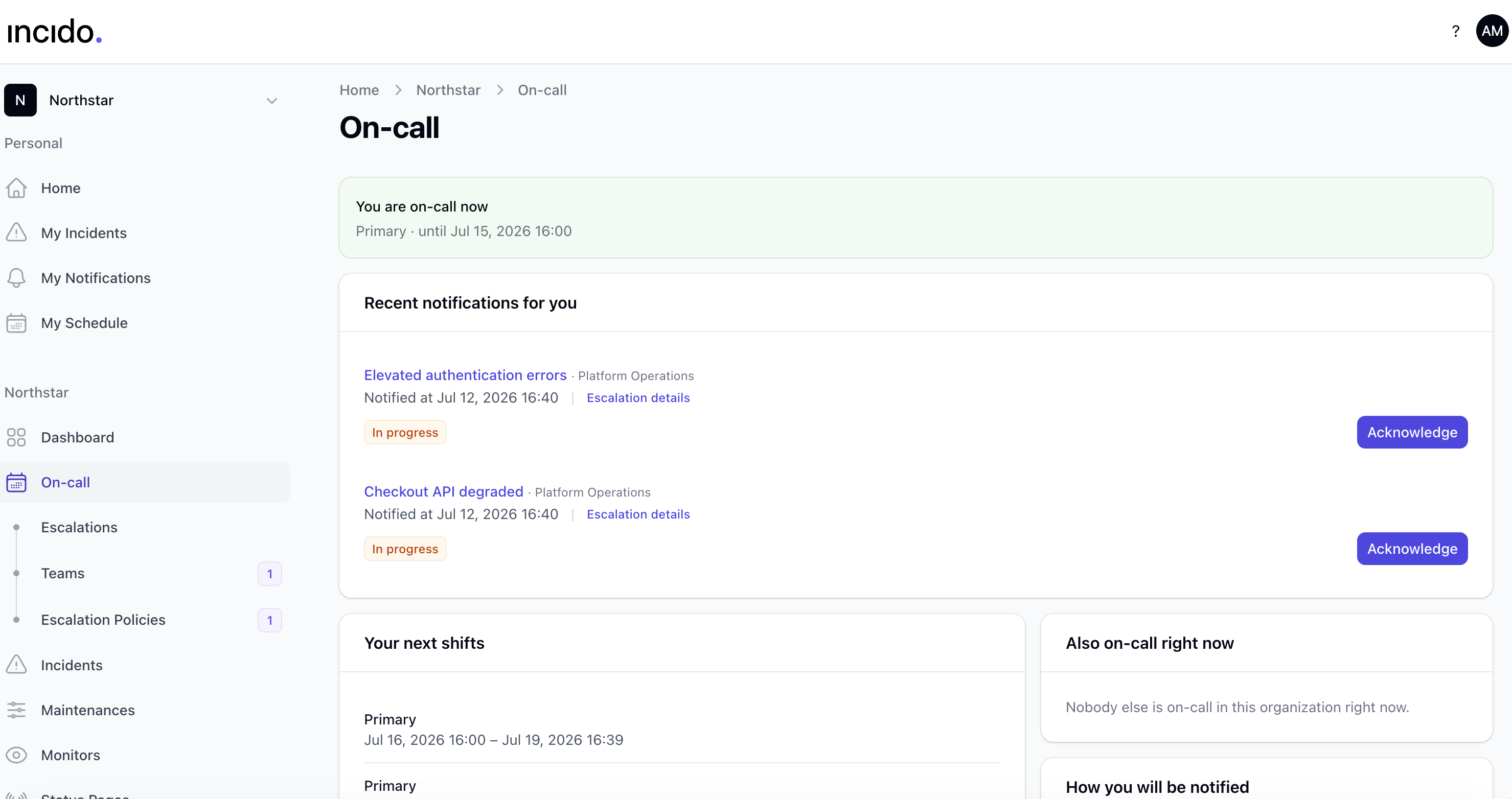 Incido on-call overview with schedules and recent notifications