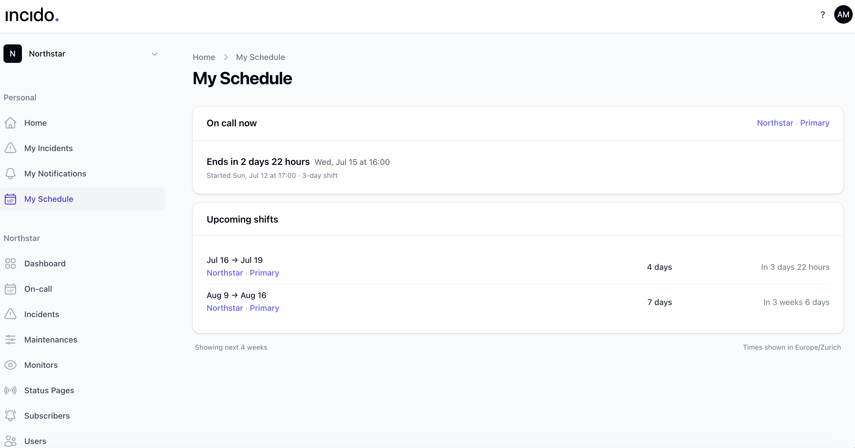 Incido on-call schedule with rotations and overrides