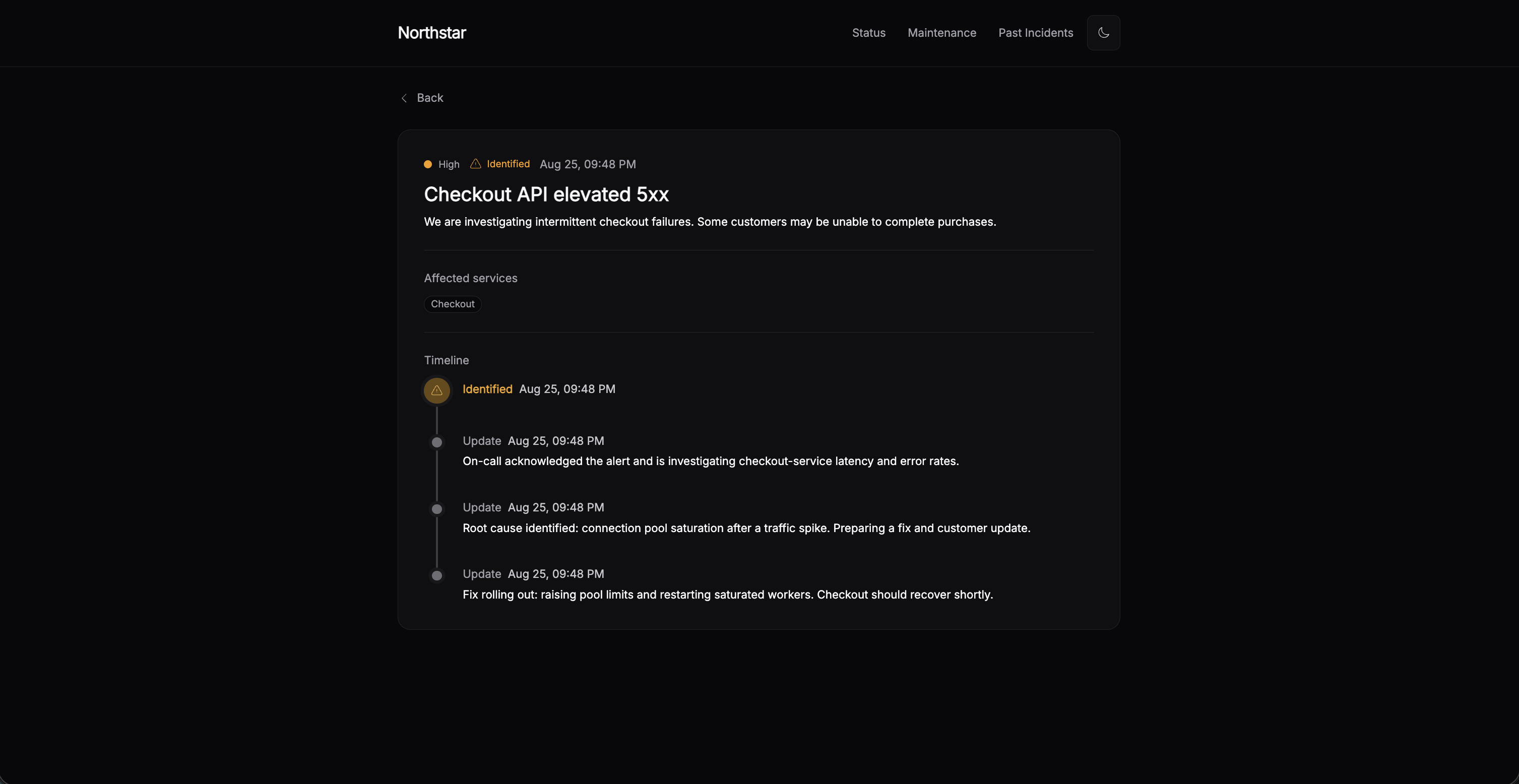 Incido maintenance detail with schedule, affected components, and updates