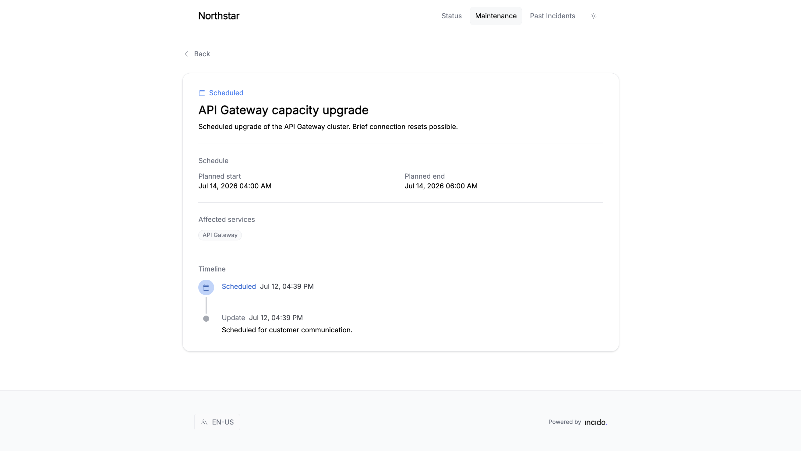 Incido maintenance detail with schedule, affected components, and status updates