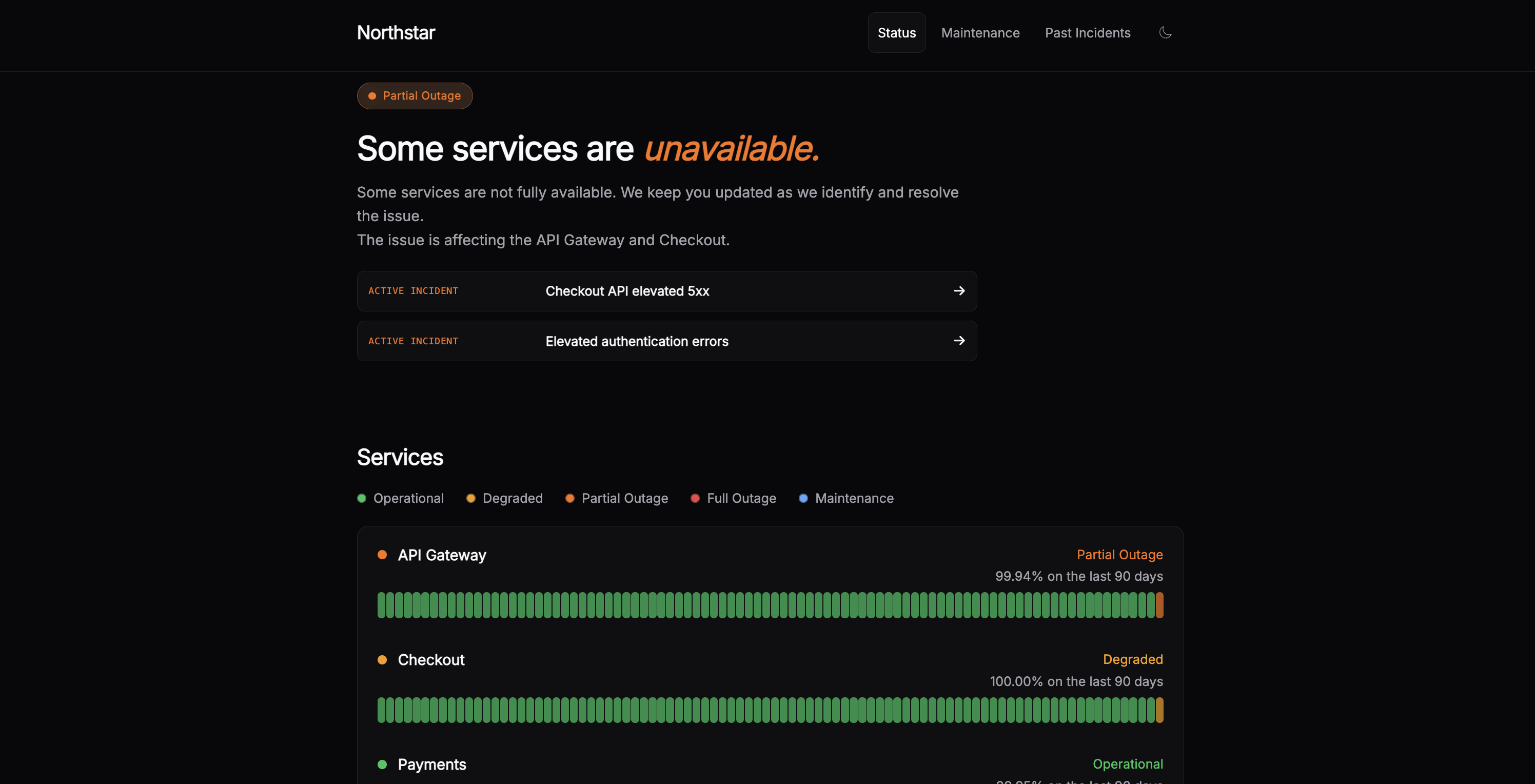 Public Incido status page showing component health and recent incidents