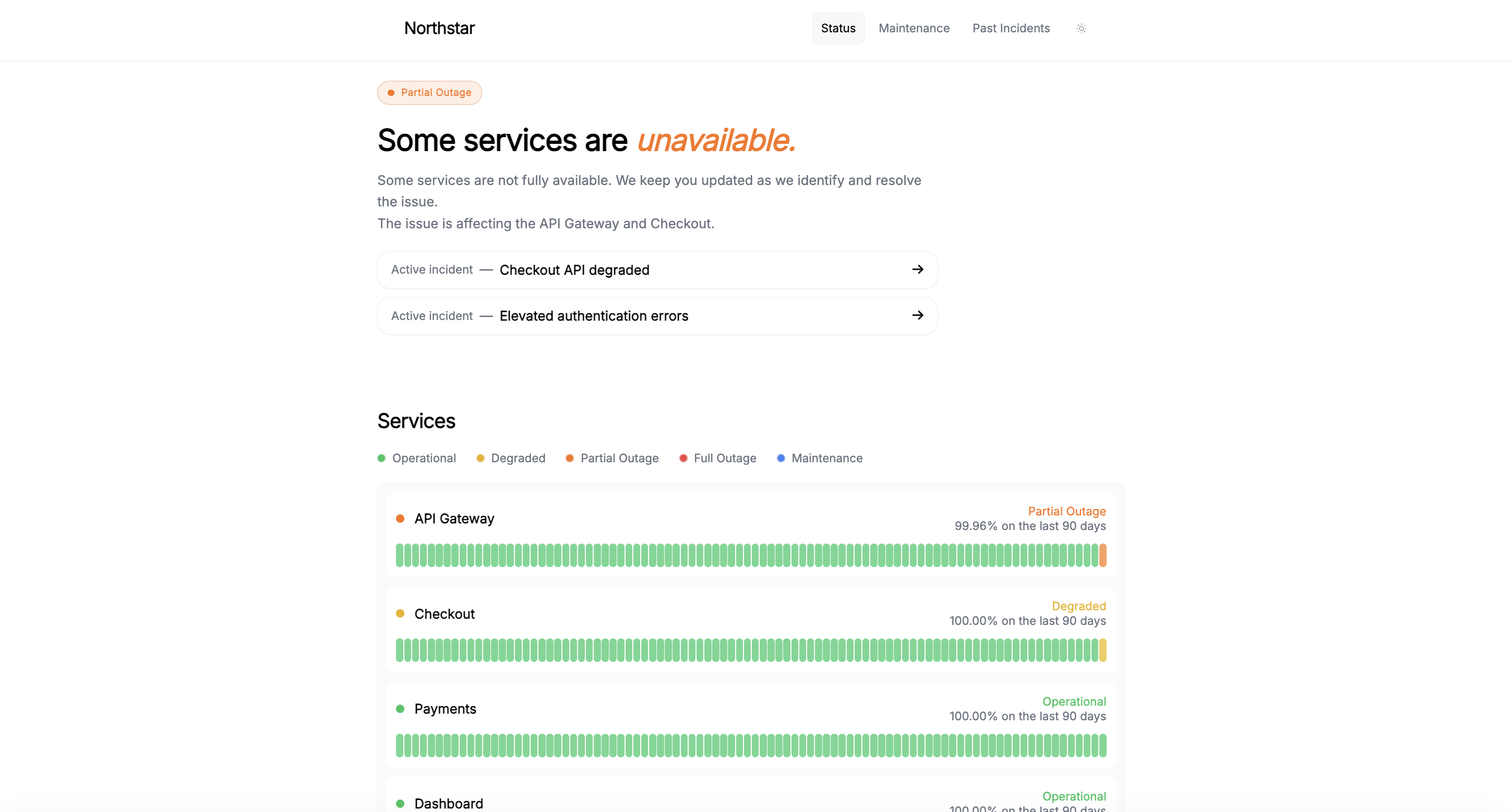 Public Incido status page showing component health and recent incidents