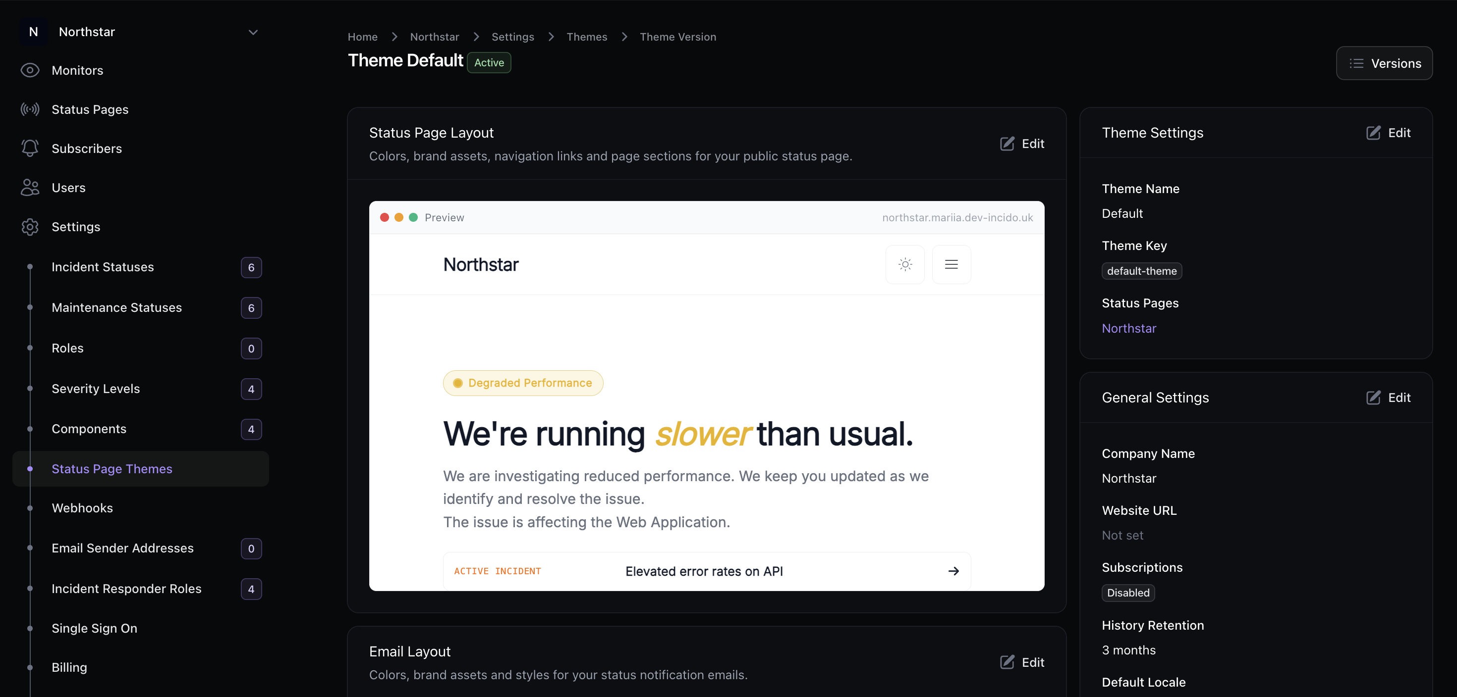 Incido status page theme editor with colors, branding, and layout options