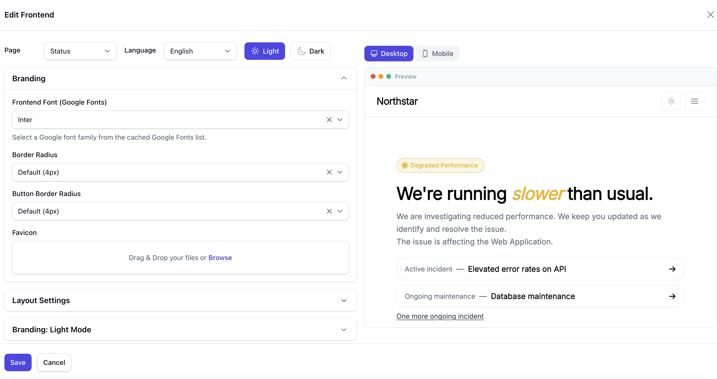 Incido status page theme editor with branding and layout options