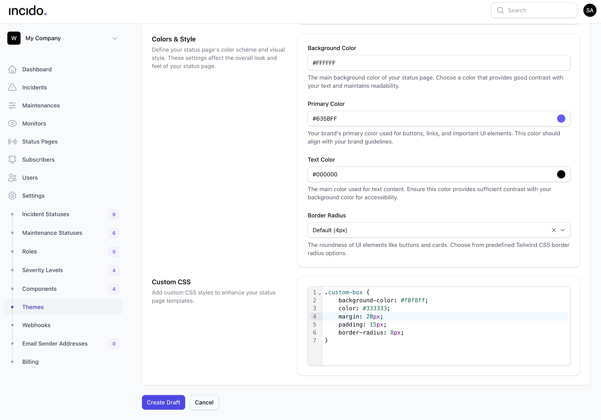 Theme editor screenshot showing branding colors and custom CSS