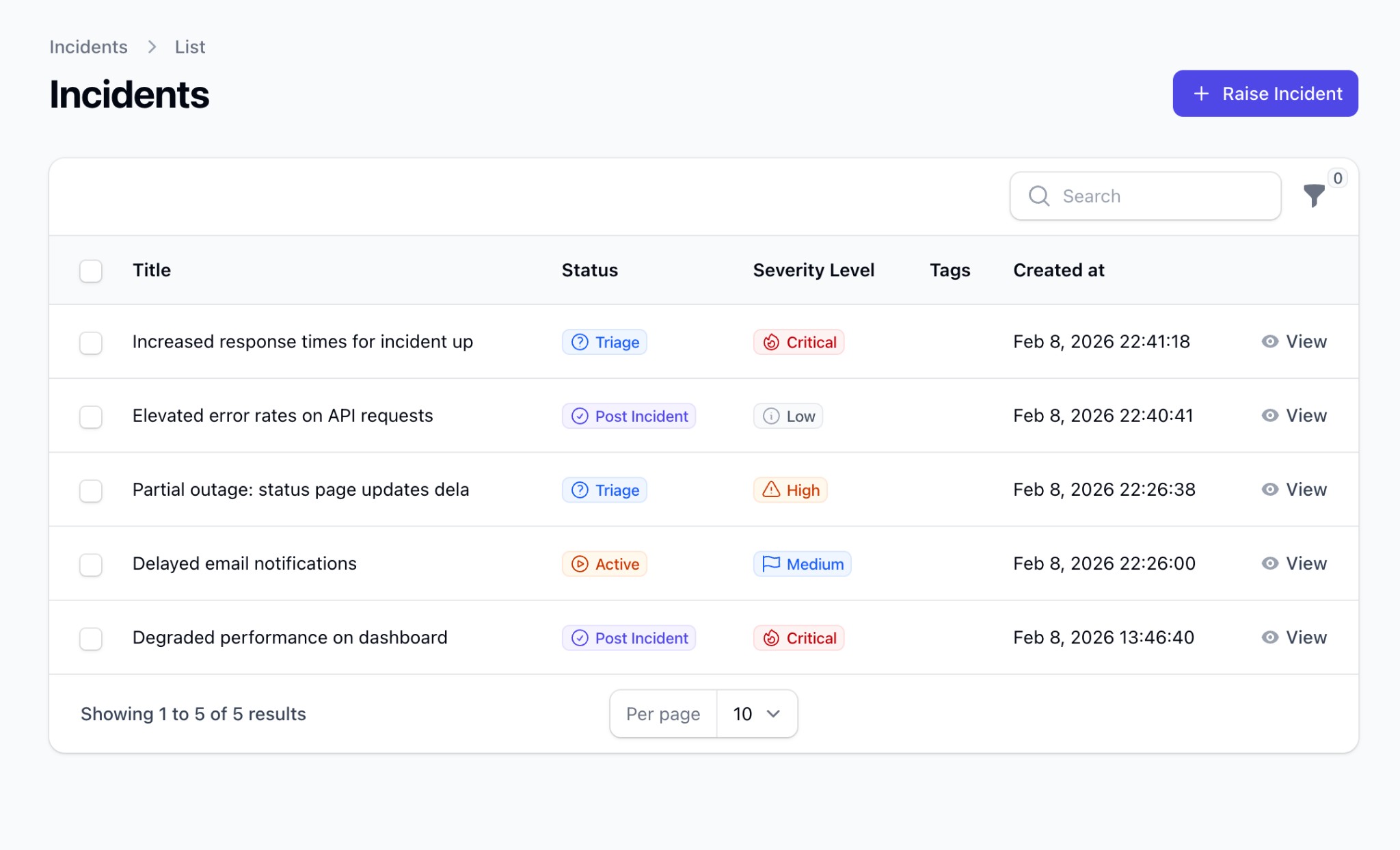 Incido incidents list screenshot showing status and severity